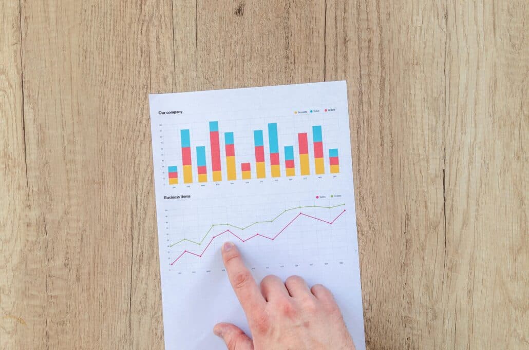 someone pointing at a sheet of paper with line and bar graphs on it
